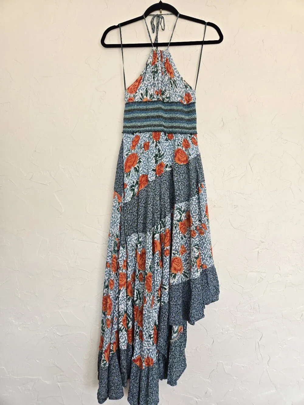 Free People Asymmetric Colorful Teal Orange Floral Halter Dress, S